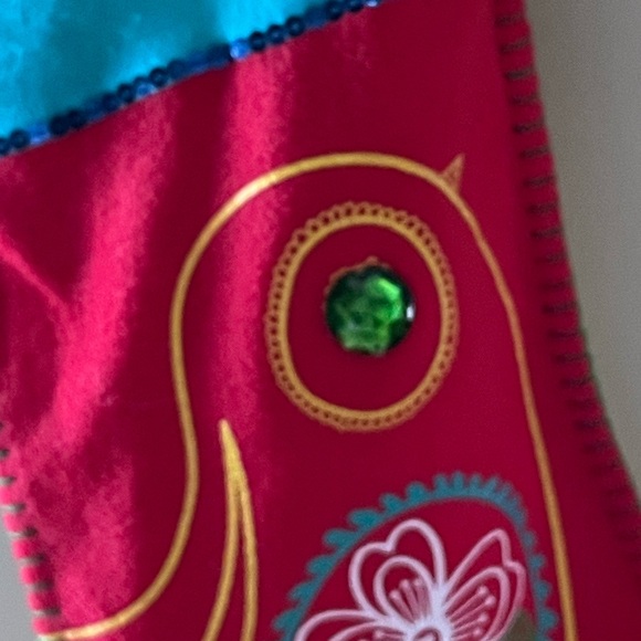 Vintage Red Xmas Stocking with paisley & green gem, Blue cuff w/ sequins - Picture 4 of 4